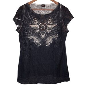 Harley Davidson Black Embellished Y2K Biker Boho Short Sleeve Shirt Size XL